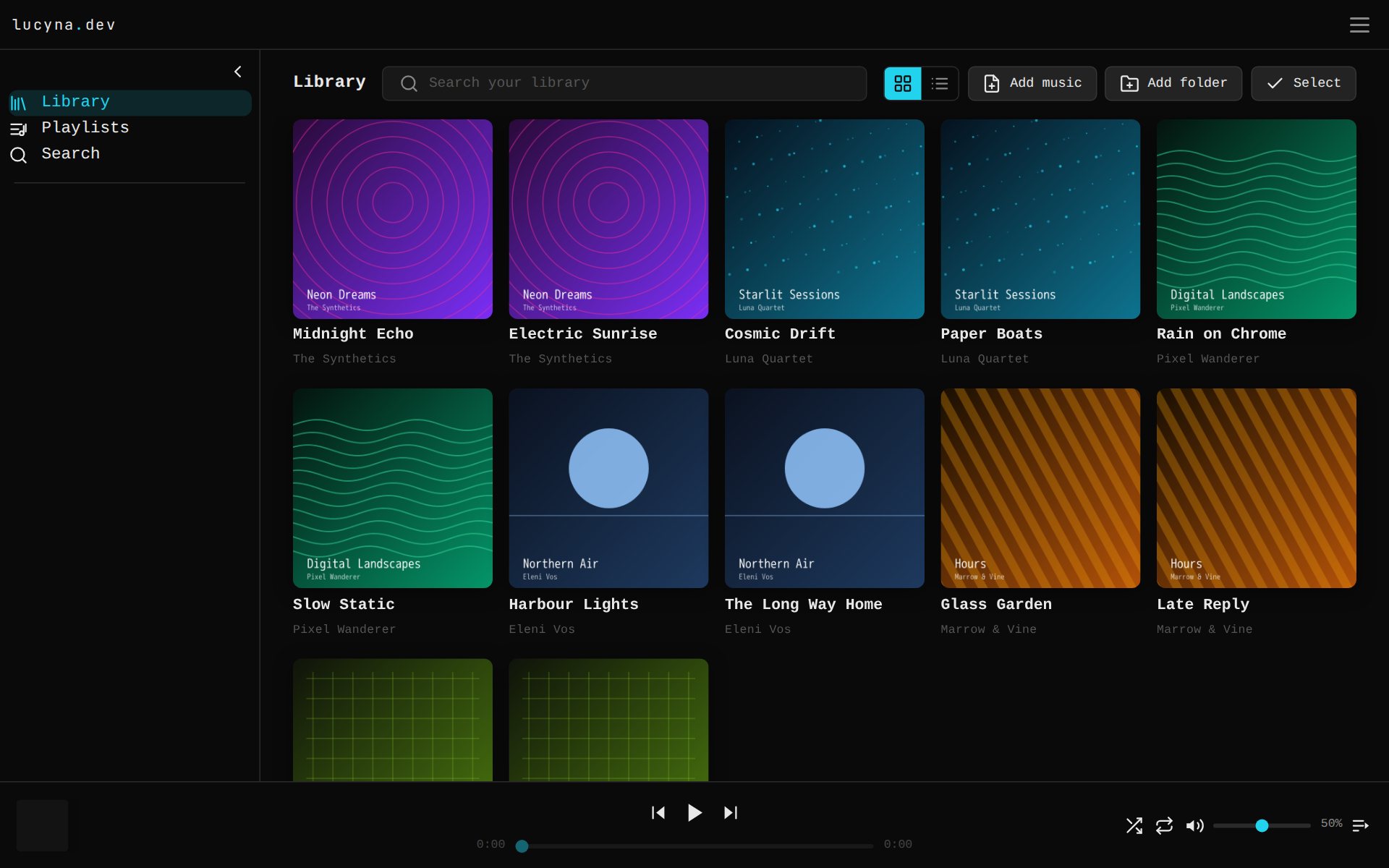Musiced's library: a grid of albums with cover art and track titles, and a playback bar.
